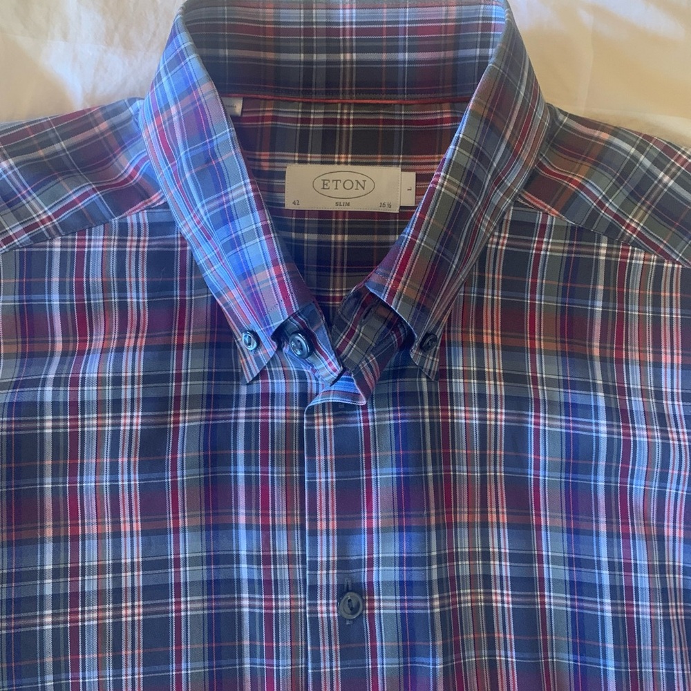 Eton Men's Multicolor Plaid Slim Button-Down Cotton Shirt Size L 16 1/2